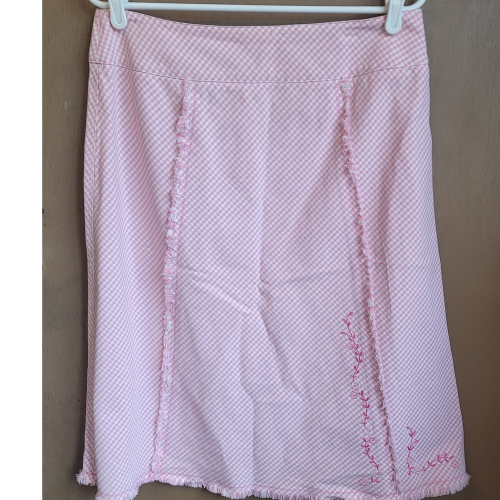 Boston Proper Pink and White Gingham Embroidered‎ Knee Length Skirt Sz 10 Cotton